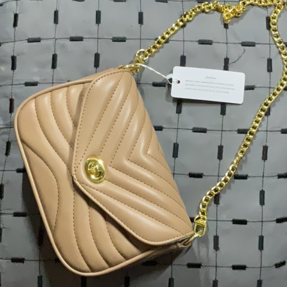 Beige Quilted Chain Shoulder Bag